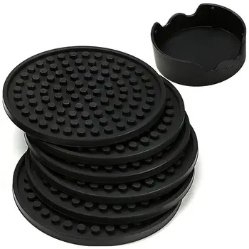 

Coasters Set of 6 in Holder - Protect Furniture From Water Marks & Dae - Good Grip, Deep Tray, Large 4.3 inch Size (Black)