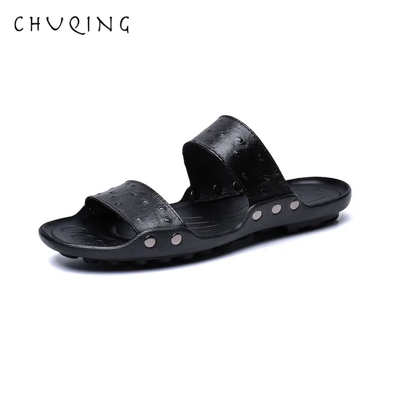 

CHUQING Genuine Cow LeatherCasual Men Sandals Summer Tide Mens Slippers Rivet British Man Beach Sandals