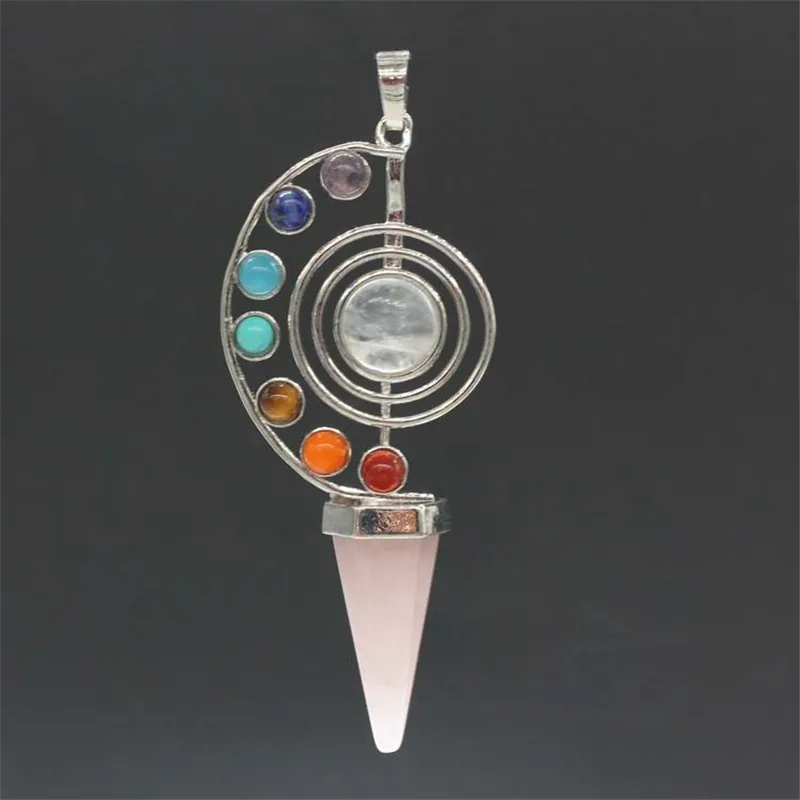 Rose Quartz Рейки целебные маятники 7 Чакра конус натуральные камни подвеска, амулет Кристалл медитация шестиугольный маятник для мужчин и женщин ожерелье - Окраска металла: Rose Quartz