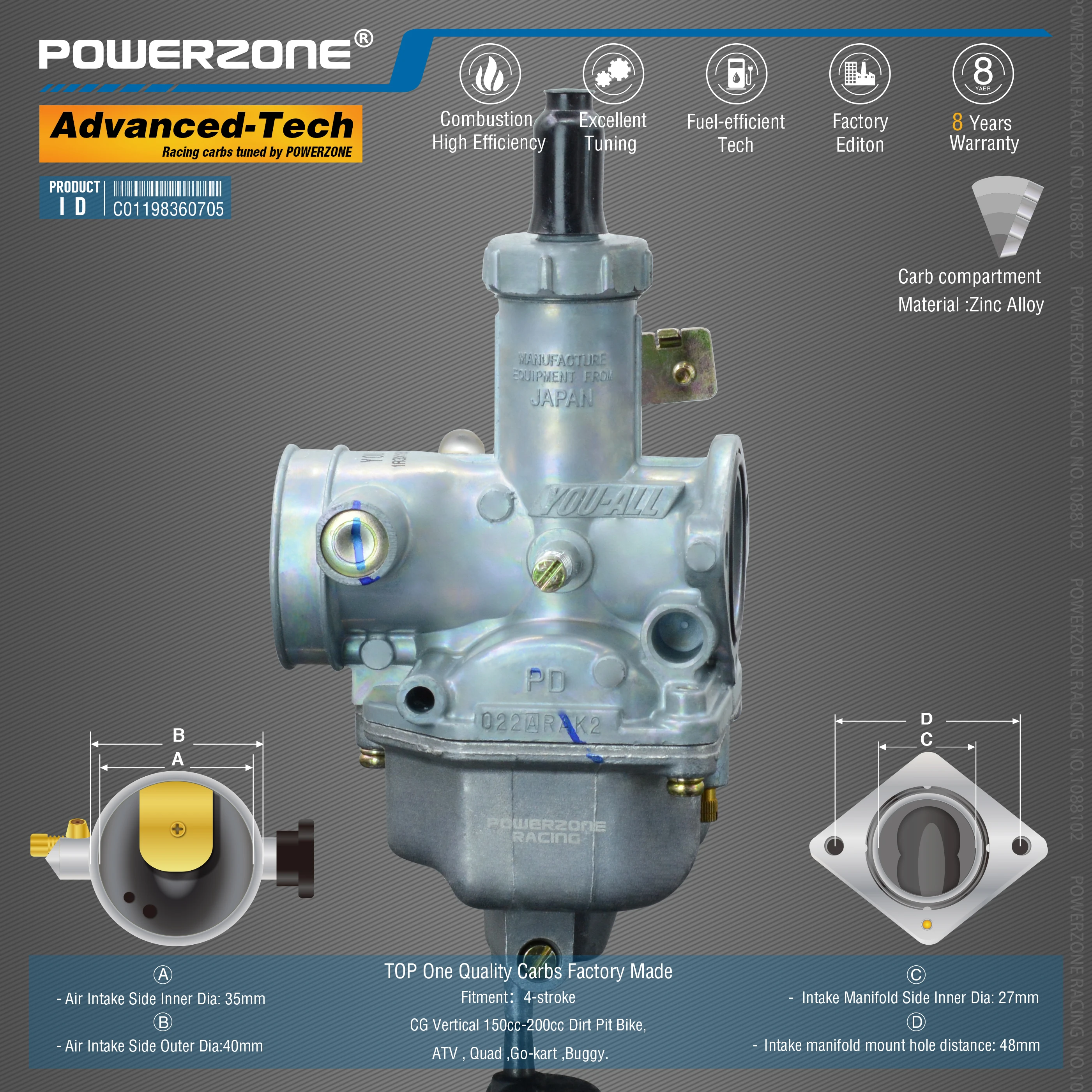 Карбюратор Powerzone PZ27 27 мм карбюратор с насосом акселератора CVK для CG 150 cc-200 куб. См