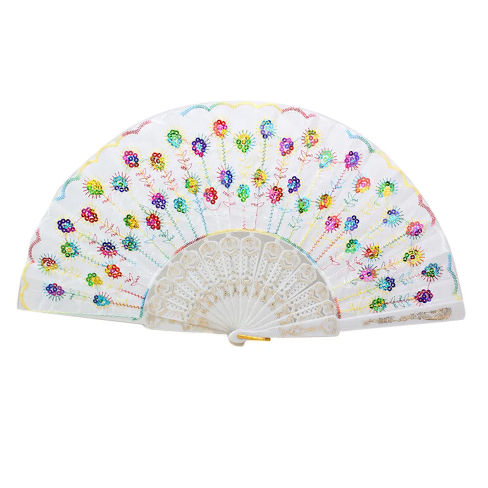 i Bone color face sequin fan испанское кружево Шелковый складной ручной танцевальный веер цветочный узор для вечерние свадебные L0730 - Цвет: i