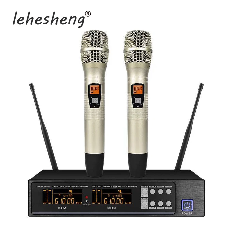 Профессиональная UHF Беспроводная микрофонная система, двойные каналы, автоматические ручные микрофоны, частотная Регулируемая сценическая производительность