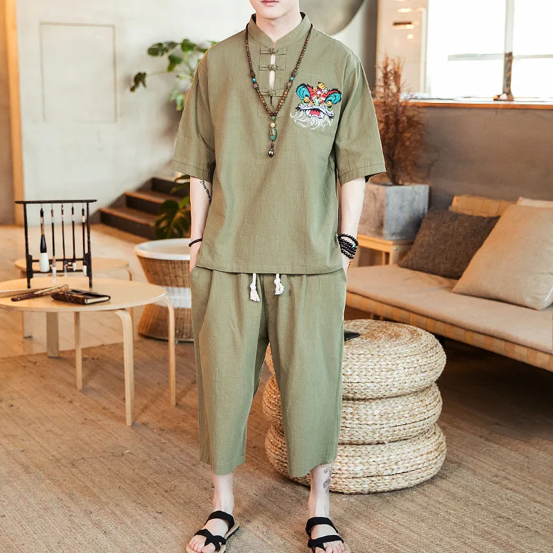 

2019 New Style Cotton Linen Large Size Casual Chinese-style Lion Dance Embroidered Frog Design Short Sleeve Set