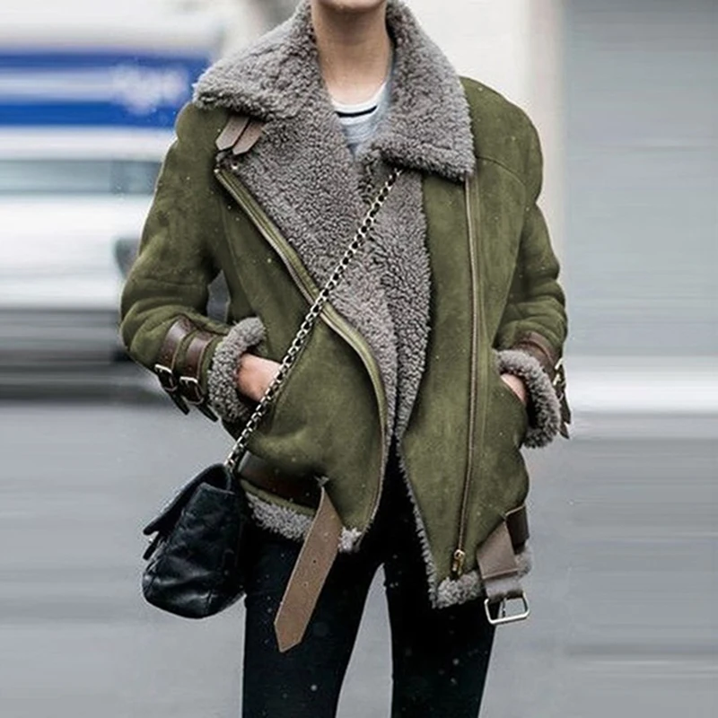 LISTHA Faux Fur Fleece Zip Jacket Plus Size Women Lapel Biker Motor Aviator Coat