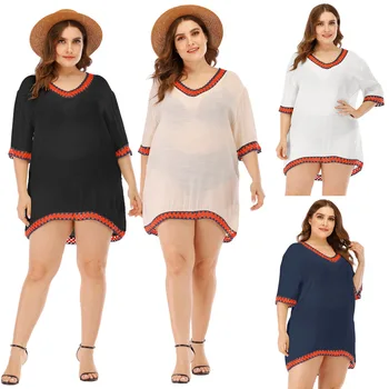 

Beach Outings For Women 2020 Sexy Cover Up Cape On Swimsuit Tunic Kaftan New Large Neck Loose Contrast Color Acetate