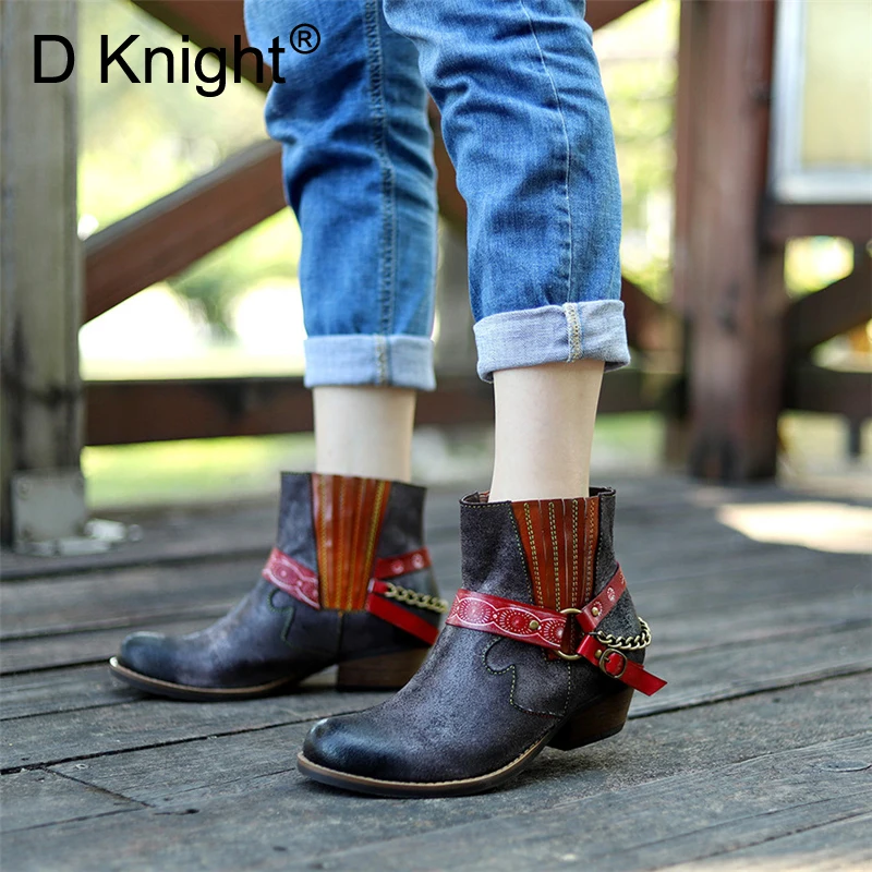 

2020 New Classic Lady Chelsea Boots Handmade Genuine Leather Cowboy Ankle Women's Western Boot Chain Motorcycle Boot Shoes Woman