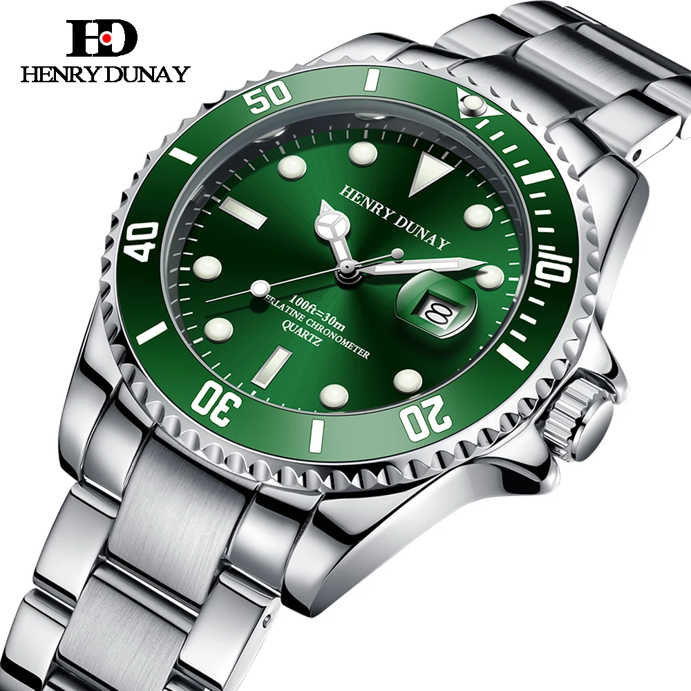 2020 HENRY DUNAY New Fashion Mens Watches Top Brand Luxury Big Dial Quartz Stainless Steel Watch Waterproof Sport Chronograph