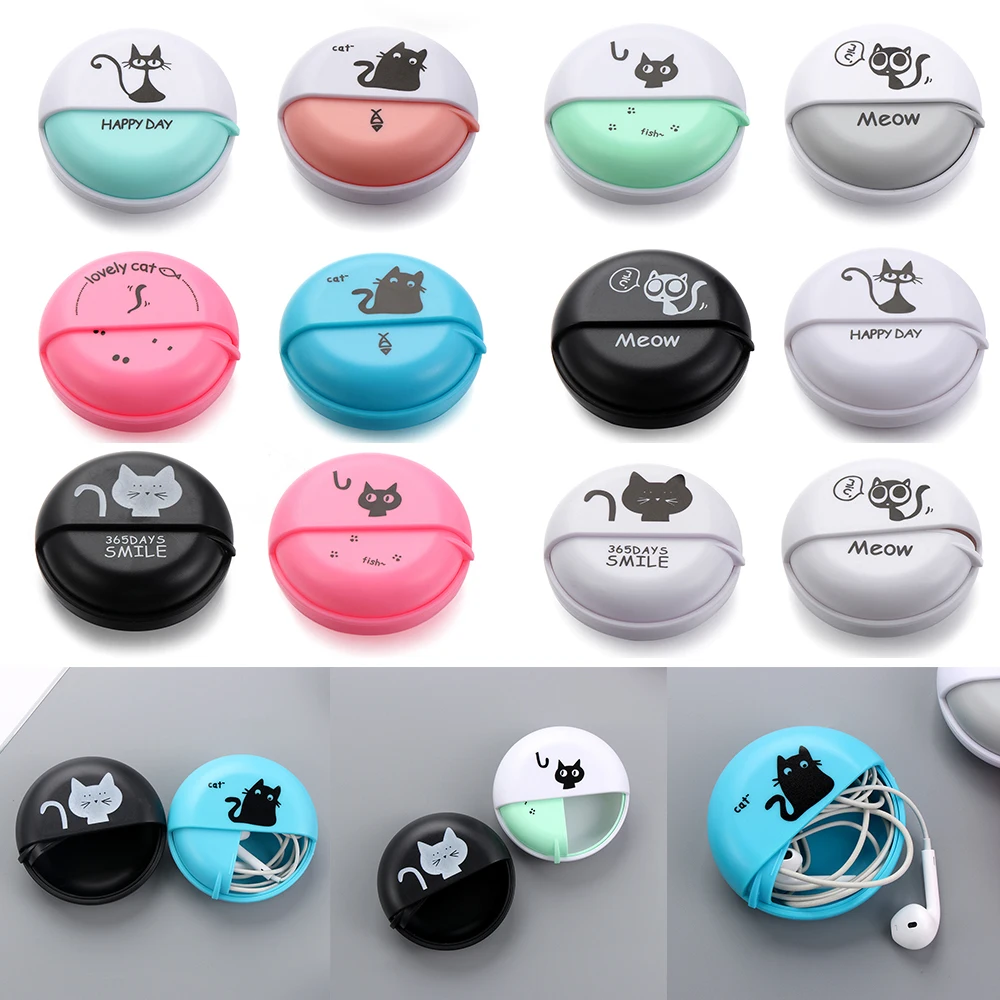 Case Cable-Box Earphone-Container Rotating-Cover Home-Accessories Cute Round 1pcs