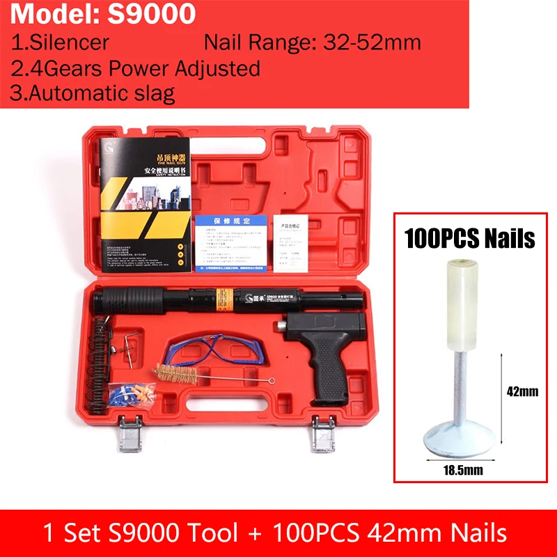 cheap!!!- Integrated Ceiling Decoration Tool Silencer Manual Concrete
Steel Nail Gun with 100PCS 32/42mm Round Steel Nails Slotting Decor