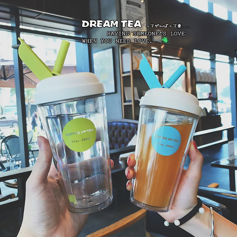

320 / 420ml Creative Double-layer Plastic Coffee Cup With Straw Milk Tea Net Red Water Cup Student Couple Cold Drink Juice Milk