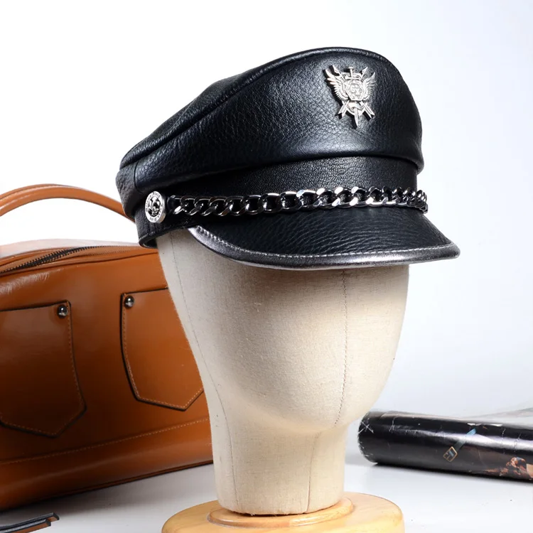 Men's Women's Real Leather Military Service Cap Punk Germany