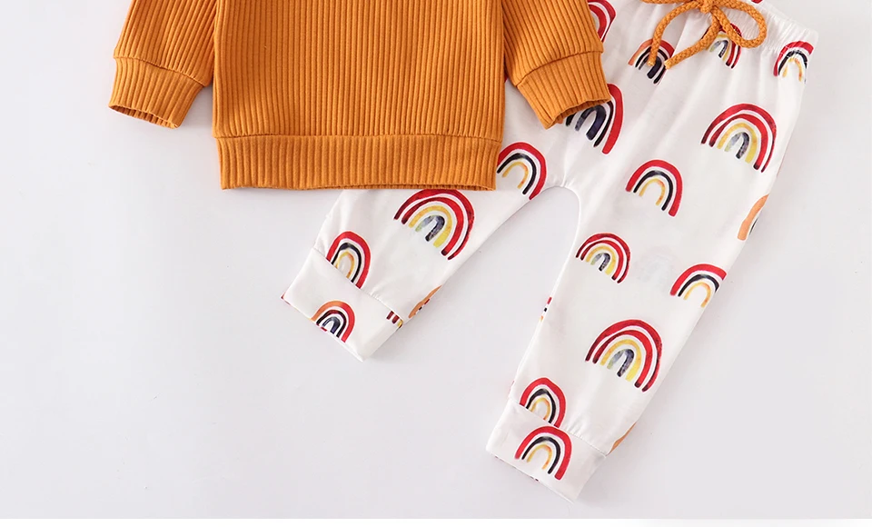 Newborn Baby Girl Clothes Set Fall Fashion Solid Knit Long Sleeves Top Rainbow Pants Headband Spring 3Pcs Infant Clothing Outfit baby clothing set line