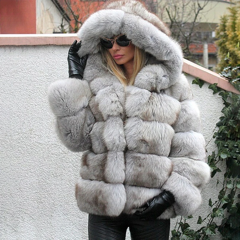 Модные женские зимние куртки из натурального меха голубой лисы,, толстое пальто из меха лисы с капюшоном, роскошное Женское пальто