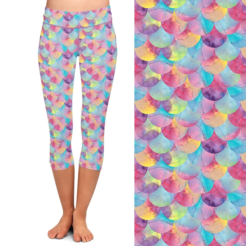 LETSFIND Summer New Watercolour Mermaid Fish Scale Pattern Print Women  Leggings Fashion High Waist Sexy Capri Leggings