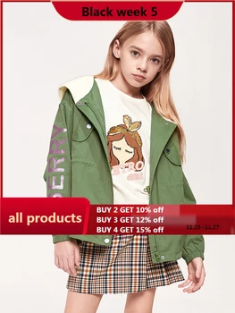 

Balabala Girl Hooded Jacket Printed Jacket with Contrasted Hood Dropped Shoulder Teenager Girl Long Jacket Spring Autumn Clothes