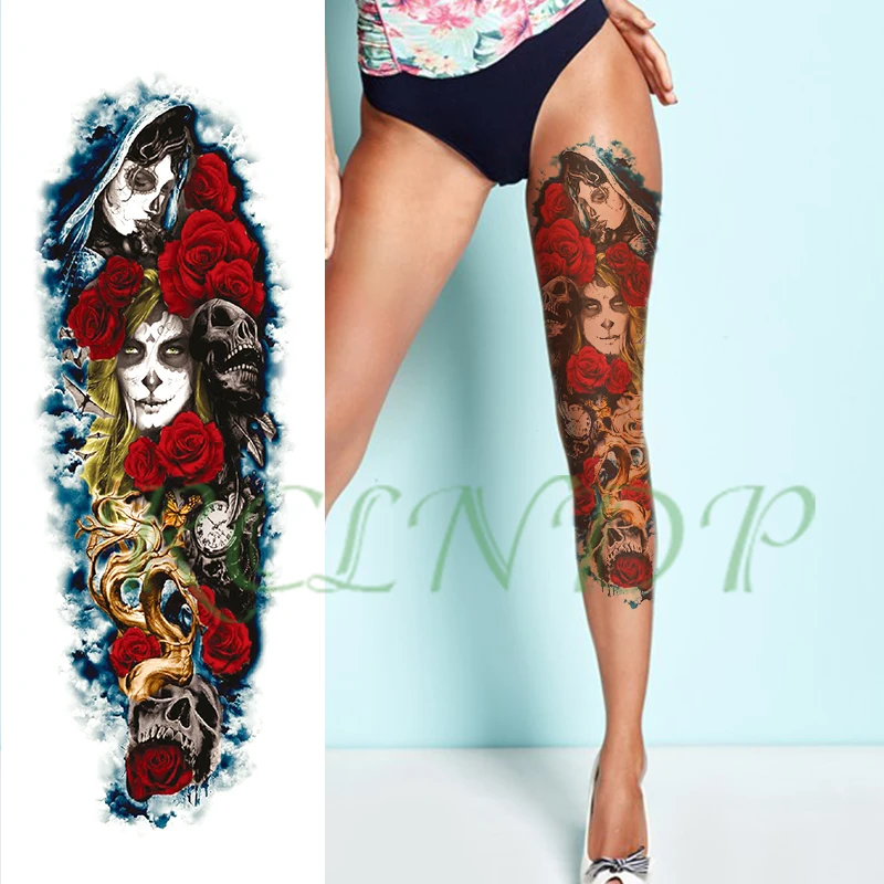 

Waterproof Temporary Tattoo Sticker red rose clock skull girl faces tatoo full arm large fake tatto flash tattoos for men women