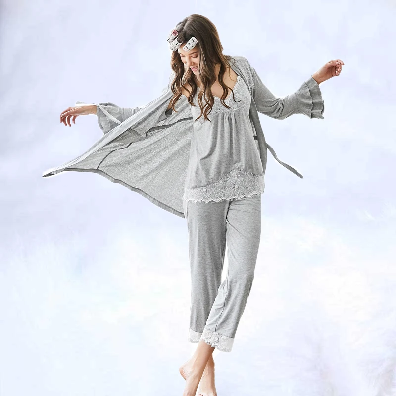 

Women Pajamas Set 3 Piece Sweatshirt + Pants + Robes Pajama Sets Sexy Lace V-Neck Homewear Sleep Set Ladies Pyjamas Sleepwear
