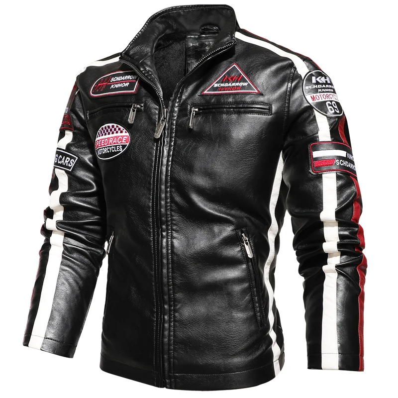 Men's Motorcycle Leather Jacket Autumn Casual Patchwork Vintage Overcoat Biker PU Embroidery Bomber Zipper Fleece Jackets Male leather bomber jacket