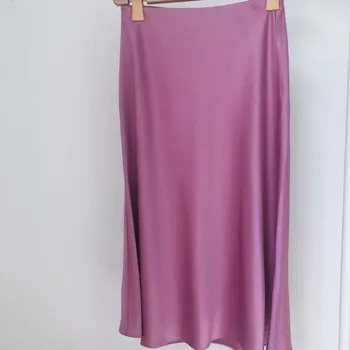 

Women Solid Color Trumpet Skirt 100% Acetate High Elastic Waist Spring Summer Lady Mid-Calf Skirts