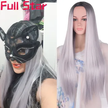 

Full Star Long Black to Brown Ombre Wigs High Density Temperature Synthetic Wigs For Black/White Women Glueless Wavy Cosplay Wig