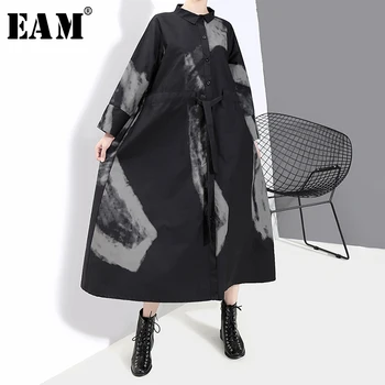 [EAM] Women Black Print Hit Color Vintage Dress New Lapel Neck Long Sleeve Loose Fit Fashion Tide Spring Autumn 2021 1A924 1