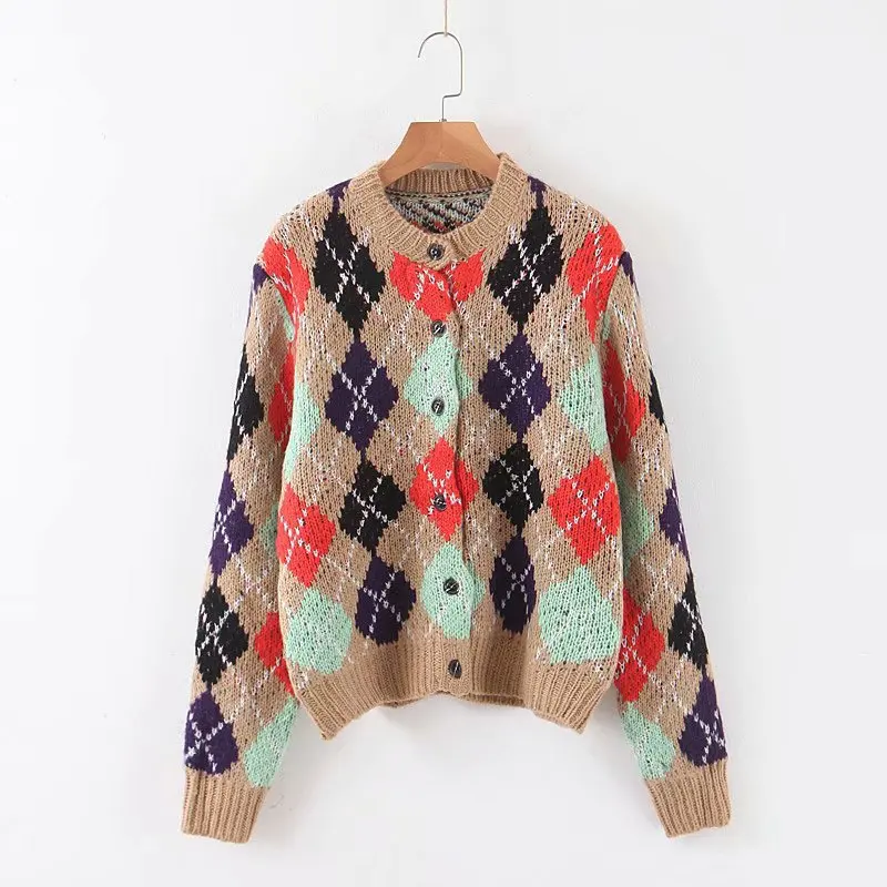 Khaki AQOIA Argyle, длинный рукав, женский кардиган, пуговка, Вязанный плед, толстый женский свитер, пальто,, модная зимняя женская одежда - Цвет: Khaki
