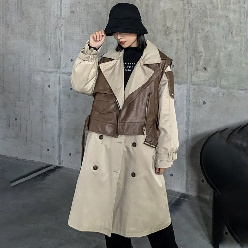 

LANMREM 2020 Contrast Color Coat Women's Long Loose Large Size Waist brown PU vest + Double-breasted Windbreaker Women PB831