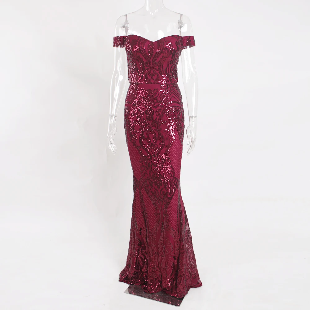 Off The Shoulder Burgundy Sequined Maxi Dress Night Party Dress Slash Neck Floor Length Long Dress