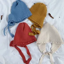 Зимние теплые вязаные Повседневные шапки в Корейском стиле с длинными ремешками для мальчиков и девочек, модные шерстяные шляпы из пряжи