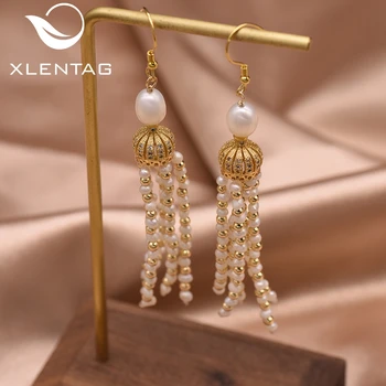 

Xlentag Natural Freshwater Pearl Crown Long Tassel Drop Earrings Birthday Gifts For Women Jewelry bijoux femme 2019 GE0886