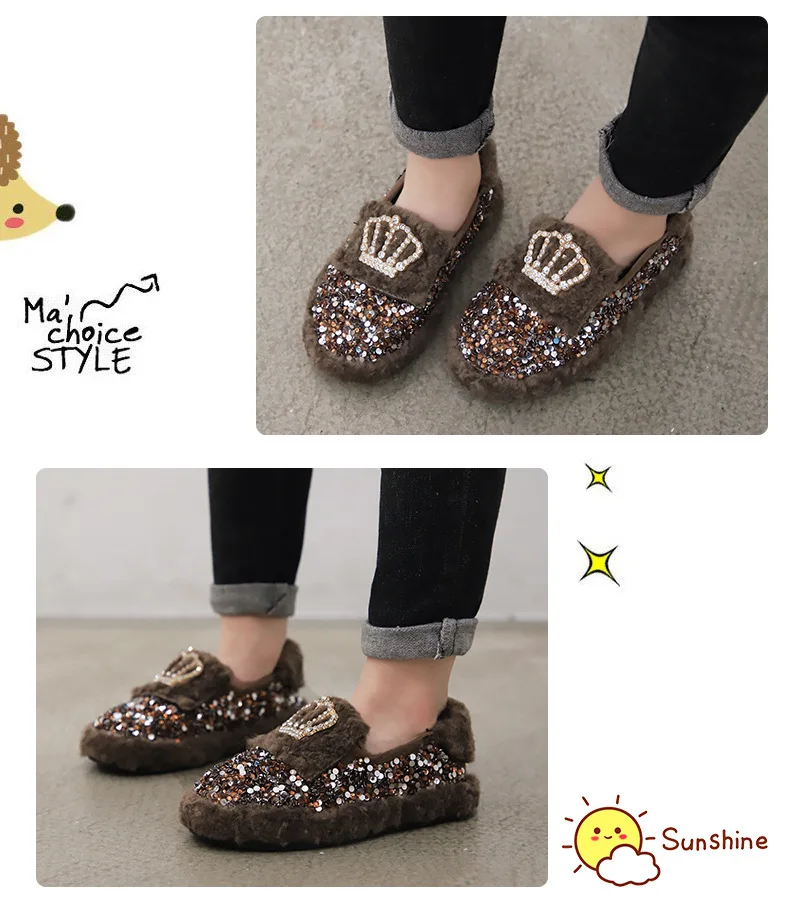 Winter girls doug shoes kids loafers children Princess shoes baby flat kids cotton fur shoes fashion glitter bow lacing