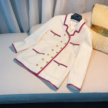 

New aristocratic temperament of high end double breasted small sweet wind tweed red blue ribbon color navy wind coat