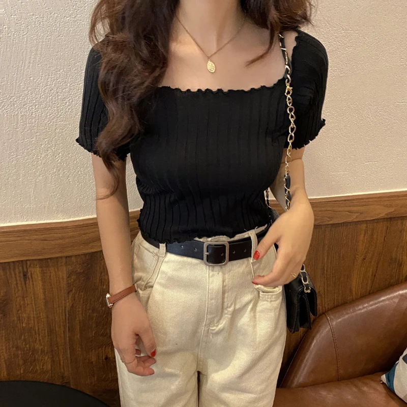 HELIAR Women Off Shoulder T-shirts Knitting Crop Tops Women Short Sleeve Cute Ruffles Hem T-shirts For Women 2021 Summer