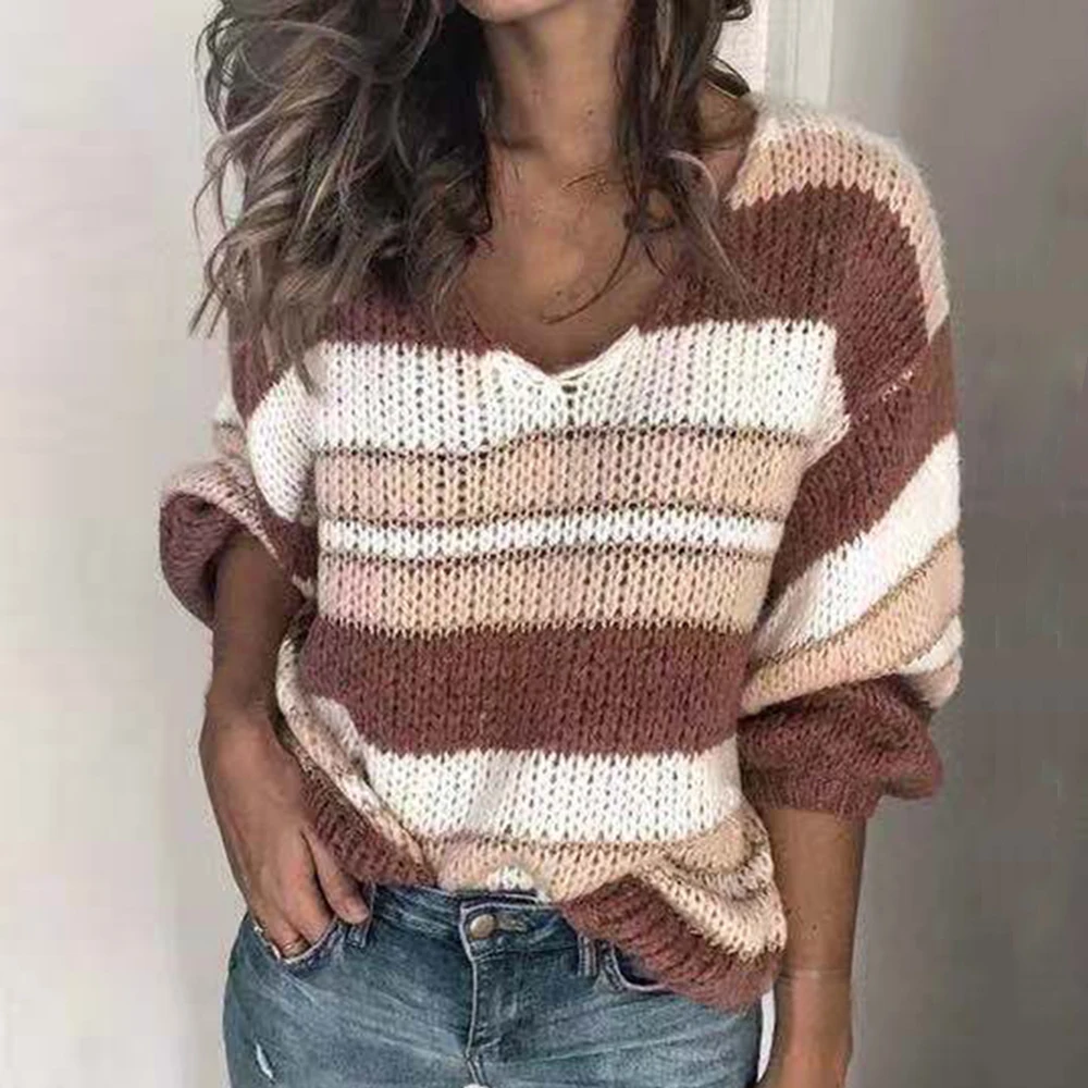 

2019 Fashion V-neck Knitted Sweater Women Striped Print Plus Size Tops Pull Femme Casual Autumn Winter Knitwear Sweaters Jumpers