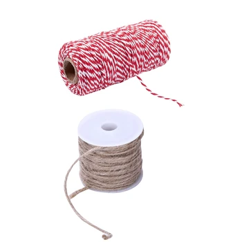 

1 Roll 2Mm Jute Burlap Ribbon Twine Rope Cord Hemp & 1 Roll 100M 1.5-2Mm Cotton Twine Stripe Linefor Wedding Party Favour Gift C