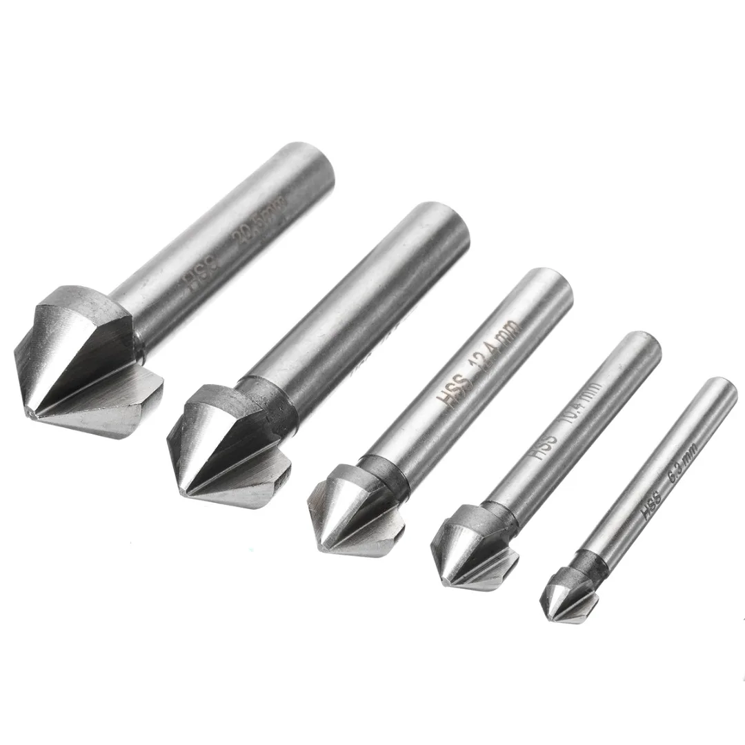3 Pieces High-Carbon Steel Countersink Drill Bit Set 6 Flutes Counter Sink Woodworking Drill Bits 90 Degree Point Angle Round Shank 