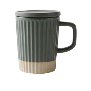 

350ml Coarse Pottery Mug with Lid Water Cup Household Ceramic Cup Retro Japanese Office Hanging Ear Coffee Cups