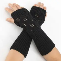 Зимние вязаные жаккардовые перчатки без пальцев для женщин и девочек, теплые однотонные варежки с отверстиями для большого пальца