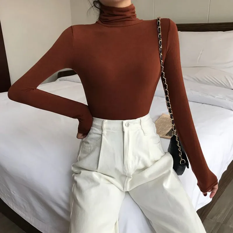 Sexy Women T shirt Underwear Solid Color All match Wild Turtleneck