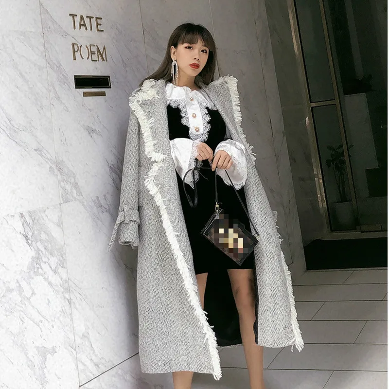 TVVOVVIN Новое модное осенне-зимнее длинное Свободное пальто с поясом и кисточками женское повседневное корейское манто для женщин X727
