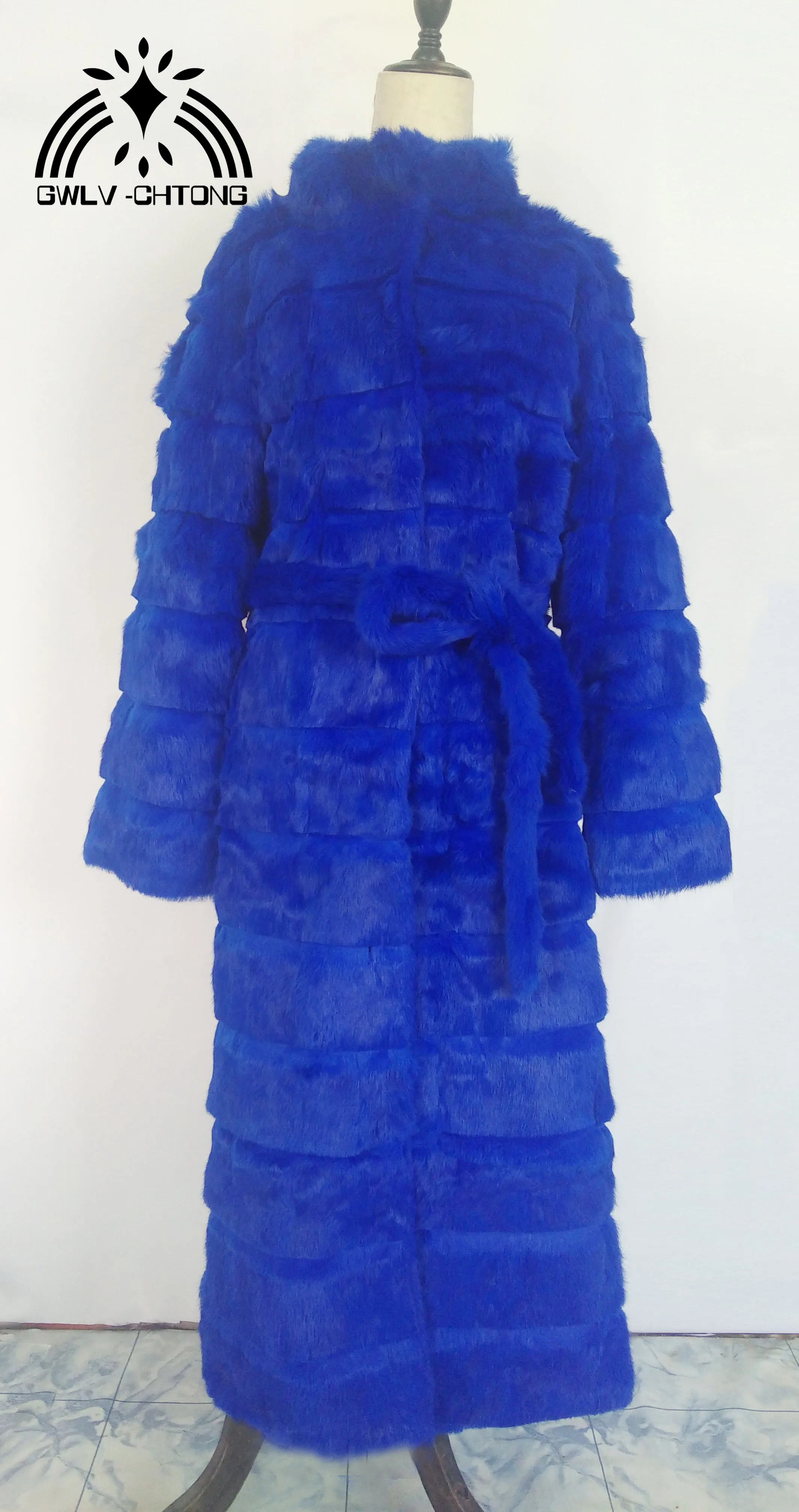 

New real genuine natural rabbit fur coat stand collar women x-long fashion jacket with belt custom any size