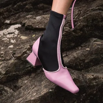 

Autumn Shoes Woman Brand Design Women Boots 2019 Crystals Decor Sock Botines Chunky Heels Botas Mujer 3 Colors Ankle Short Boots