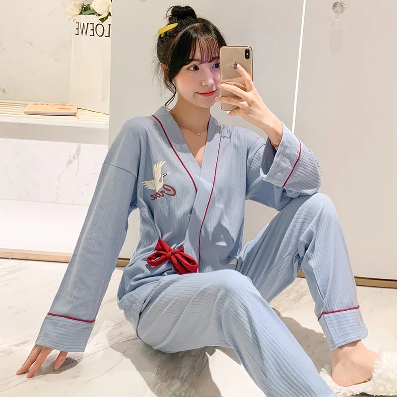 

Kimono Pajamas Women's Spring And Autumn Long Sleeve Pure Cotton-Japanese-style Two-Piece Set Autumn And Winter Days Outer Wear