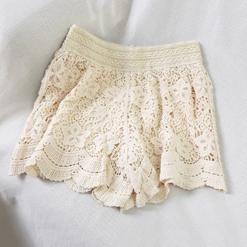 

lace women shorts hollow out solid wide leg lady elegant shorts fashion outwear all match top quality