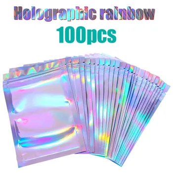 

100pcs Flat Zip lock bags Package Bag Holographic Ziplock Bags Bath Salt Cosmetic Bag Mini Aluminum Foil Bags Makeup Zipper Bag