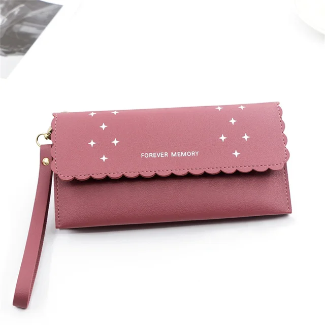 Big Capacity Thin Strap Envelop Design Carteira Gifts Star Pattern Metal Accessories Long Wallet for Woman Shopping Pocket Bag Rose red