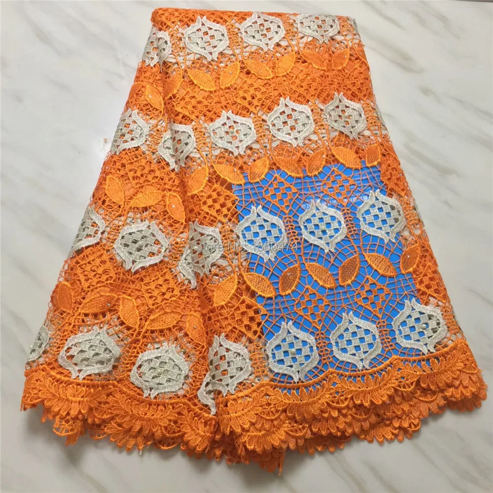 Orange White African Guipure Lace Colorful Water Soluble Chemical Fabric High Quality Cord With Beads/Stones | Дом и сад