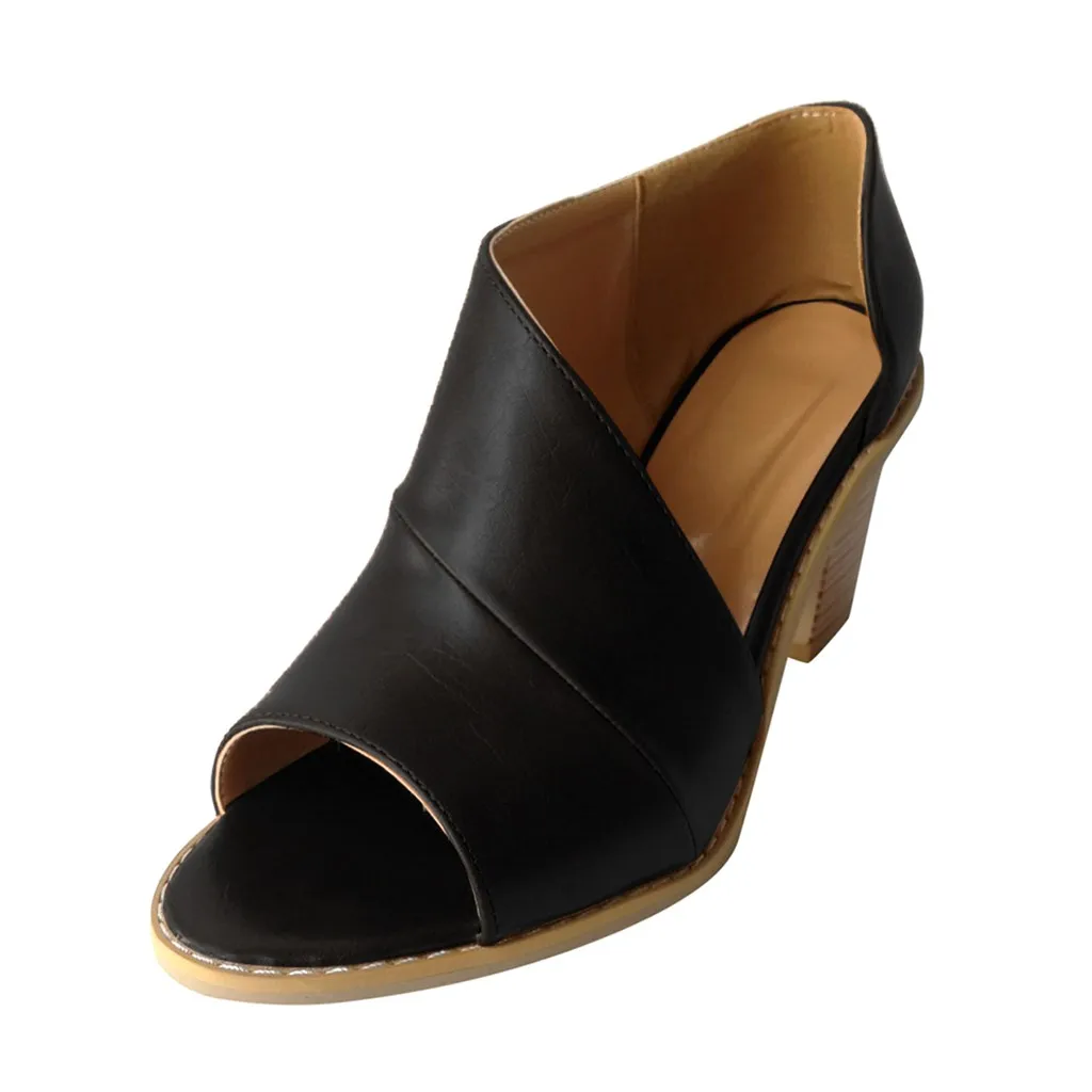 

Vogue Women Summer Open Toe Plain Coarse Heel Hollow Sandal Fish Mouth Casual Shoe Shallow Fashion Princess Shoe Travel June 8