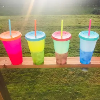 

710ML Temperature Magical Color Changing Cups PP Colorful Cold Water Color Changing Coffee Cup Mug Water Bottles With Straws