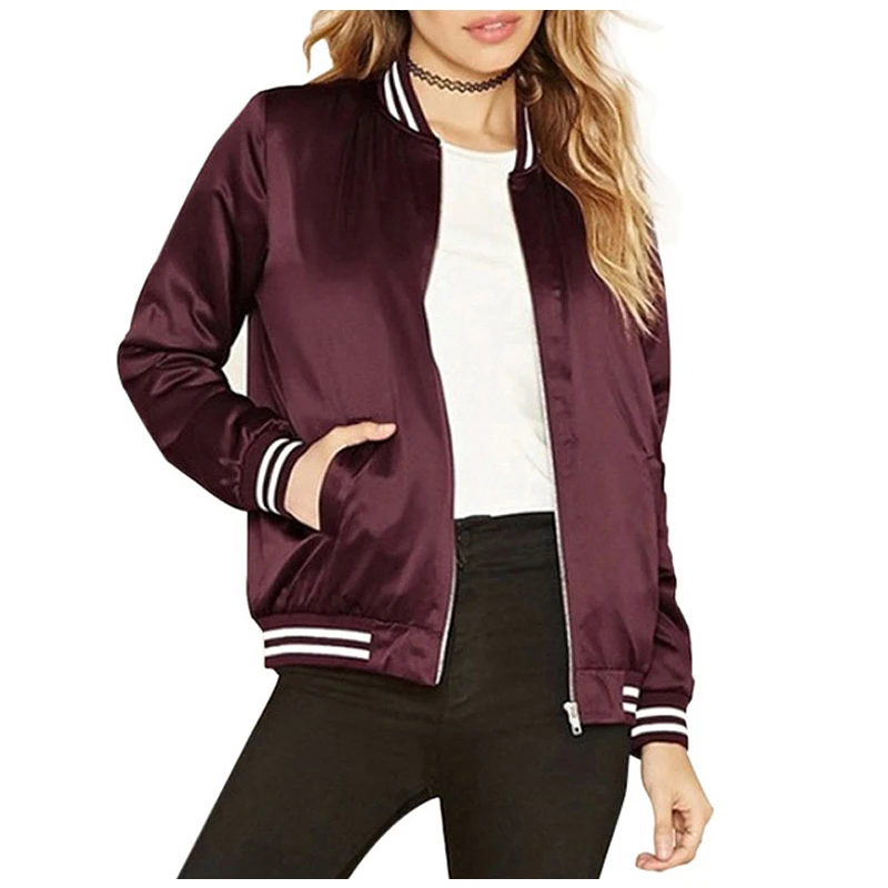 

Slim Autumn Winter Bomber Jacket Women Fashion Wine Red Striped Polyester Female Outwear Coat Jackets(WINE RED,XL/US~10/UK~14)
